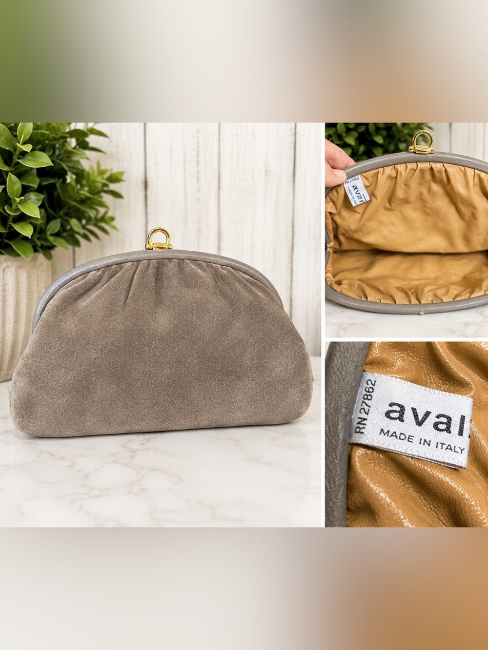Avantique Made in Italy Taupe Suede Kiss Lock Clutch Evening Handbag